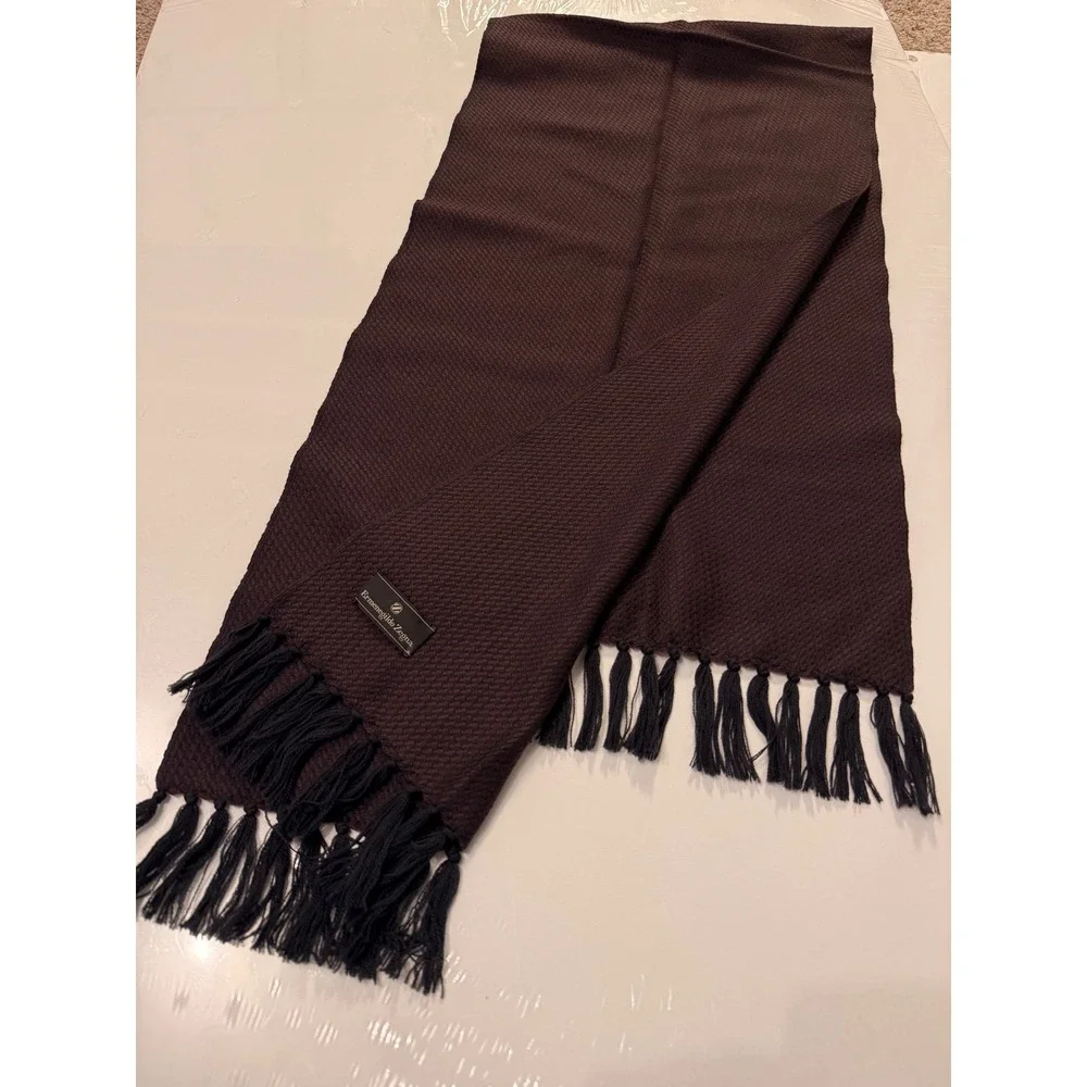Ermenegildo Zegna Scarf Mens Burgundy Blue 100% Wool Textured Waffle Fringe